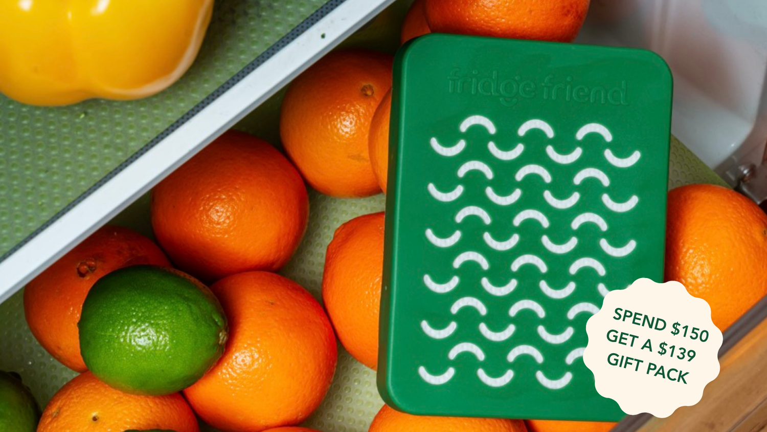 Green card with wavy pattern and promotional text among oranges